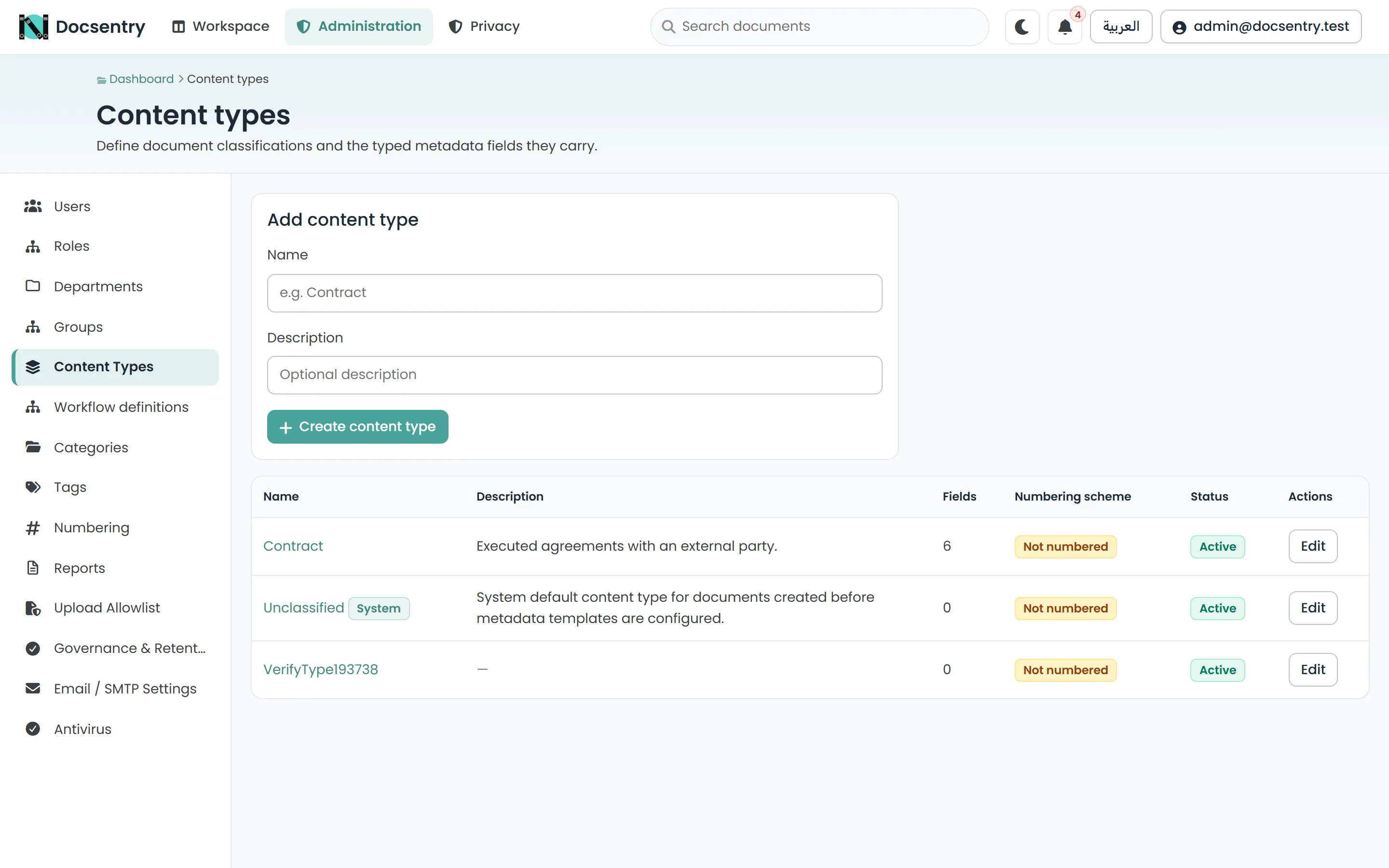 The content types administration screen