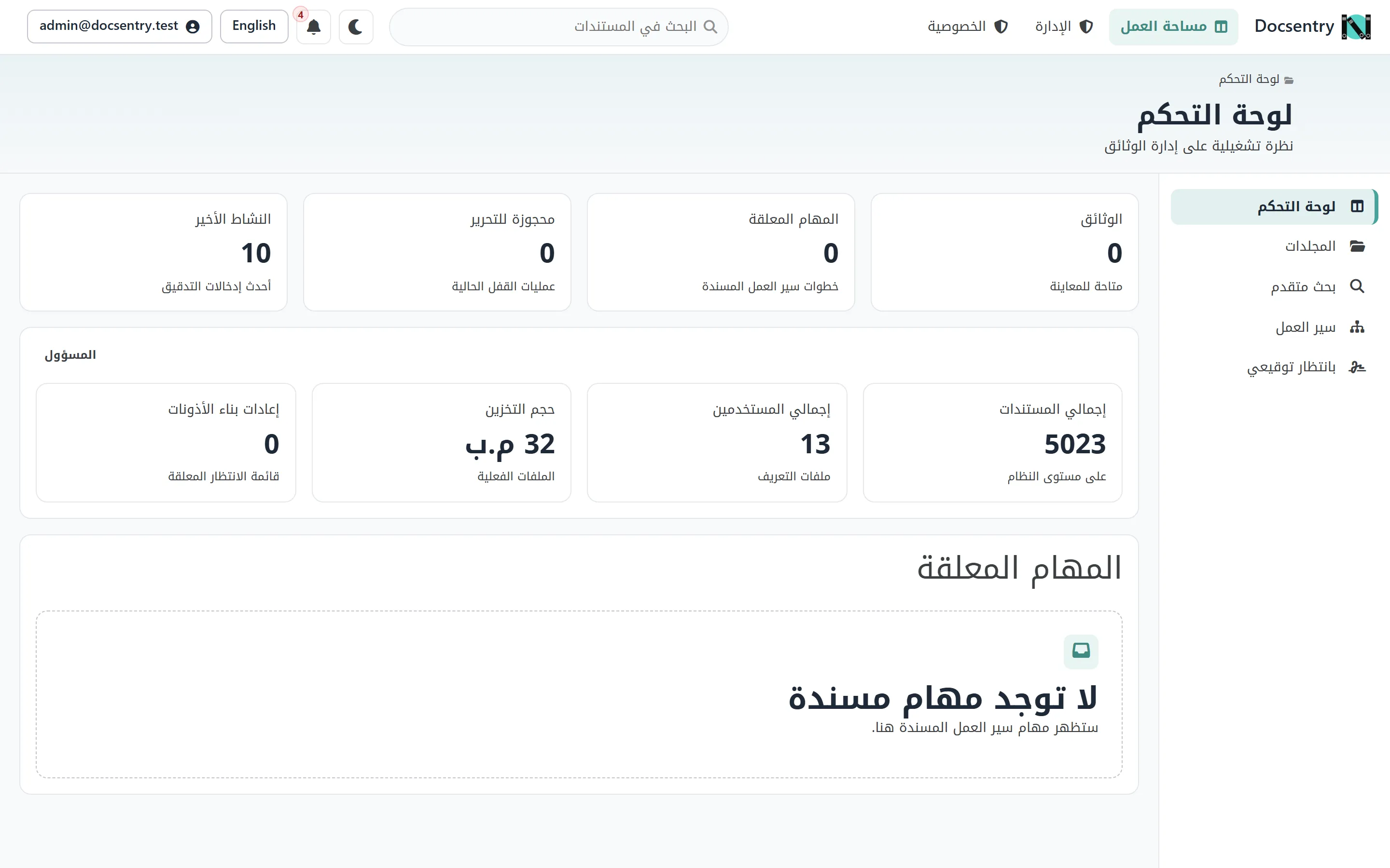 The dashboard rendered in Arabic, with the navigation and layout mirrored right-to-left