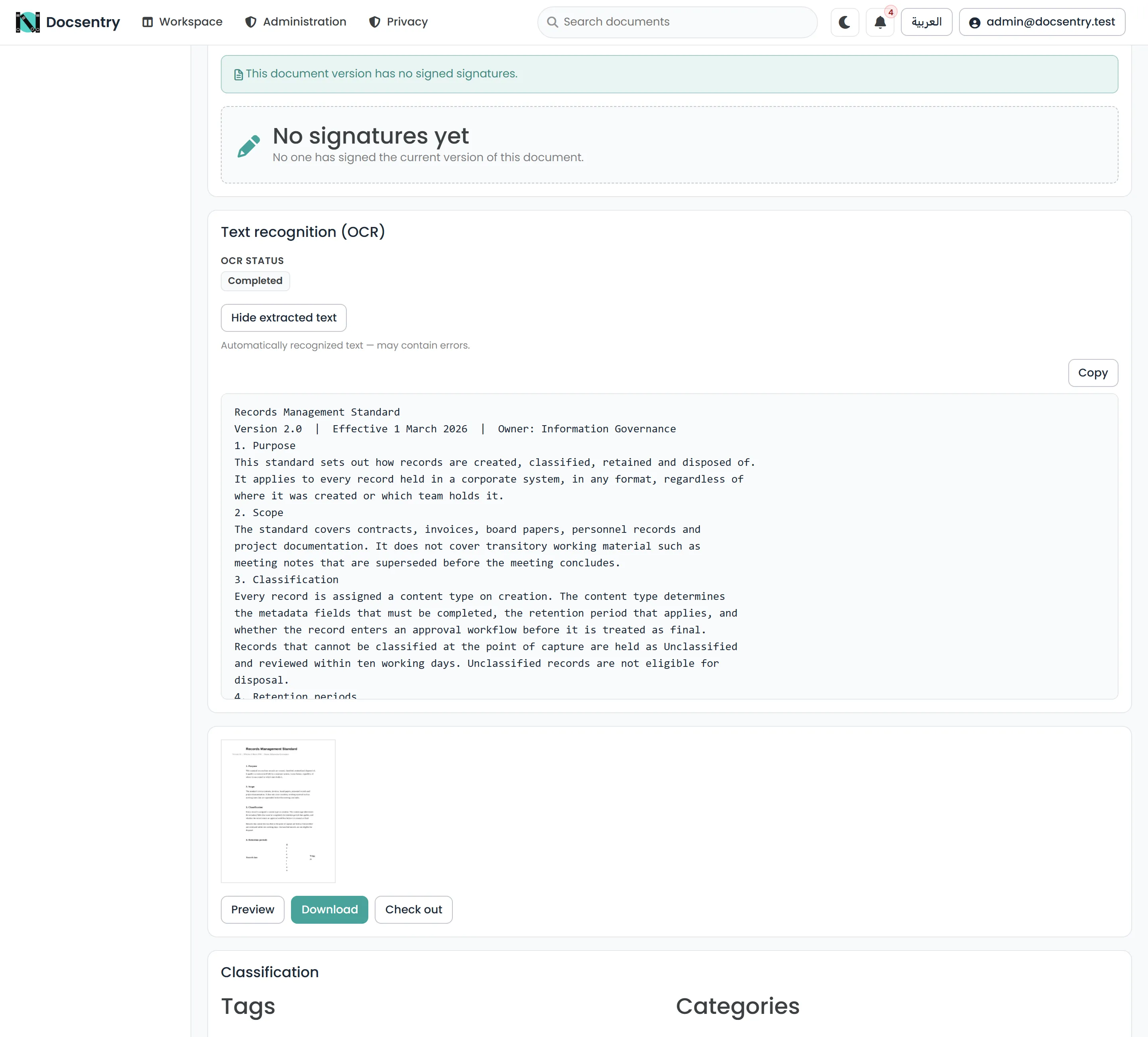 A document page showing extraction status Completed and the recognized text below it