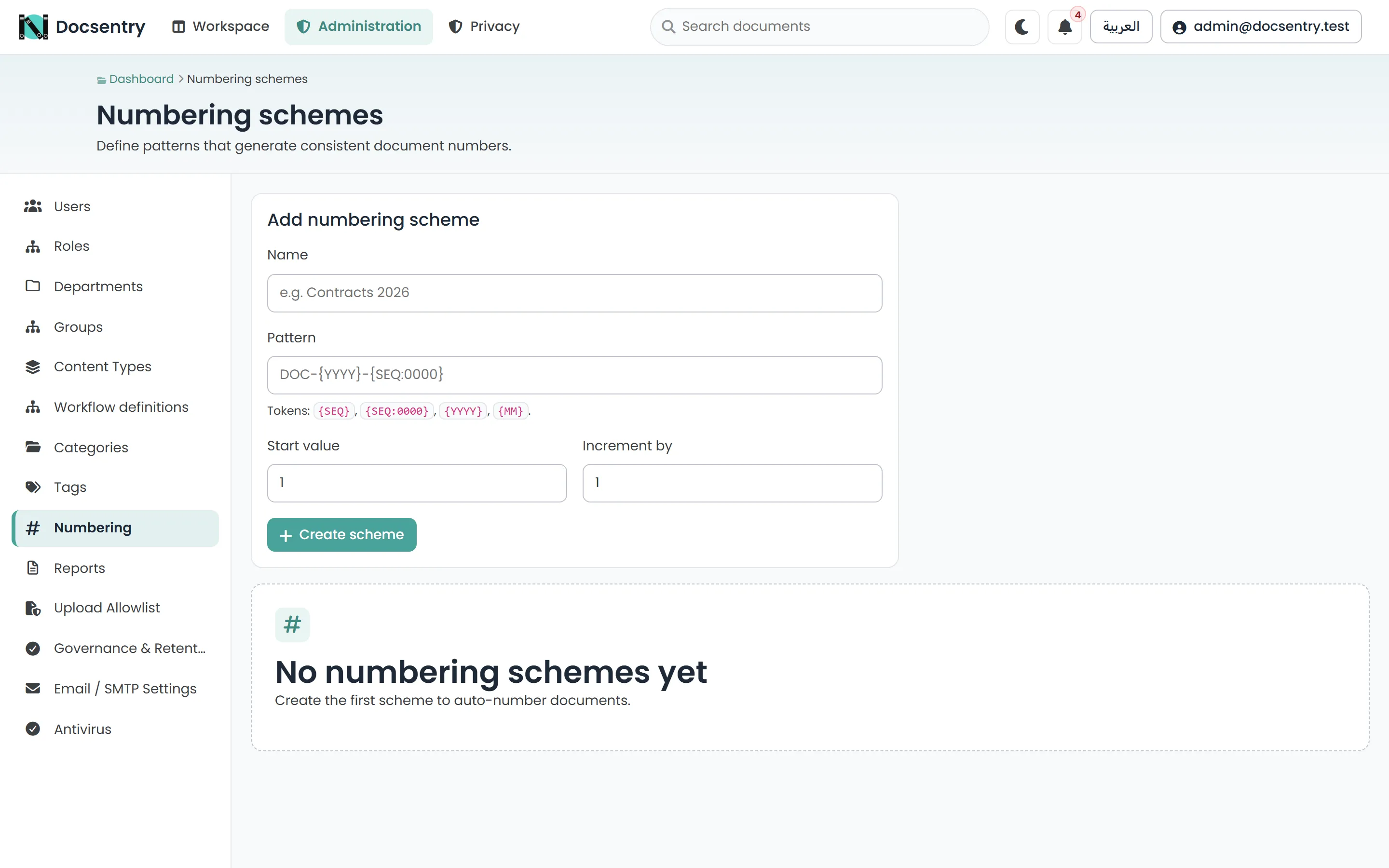 The numbering schemes administration screen