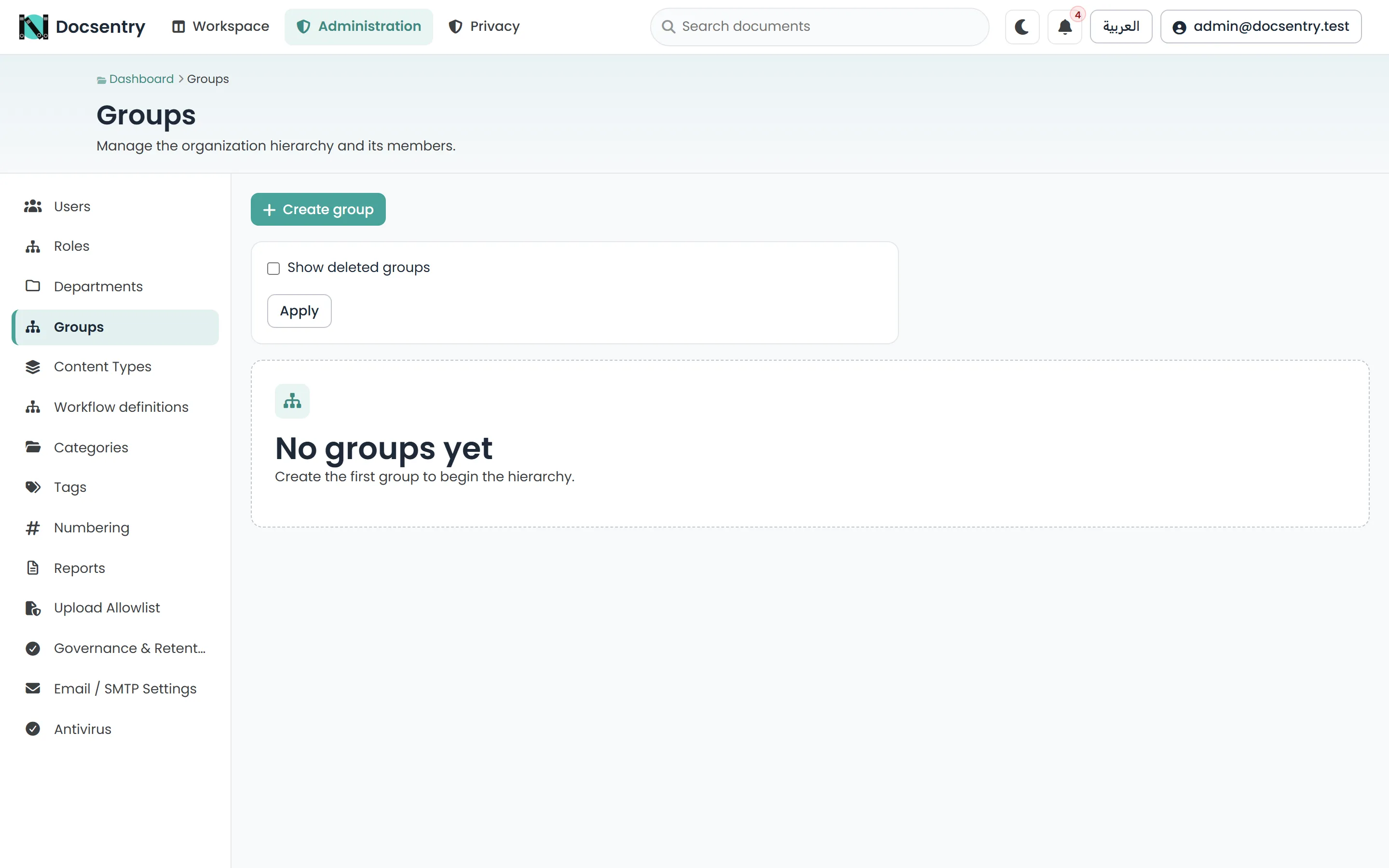 The organisation units administration screen, listed in the navigation as Groups