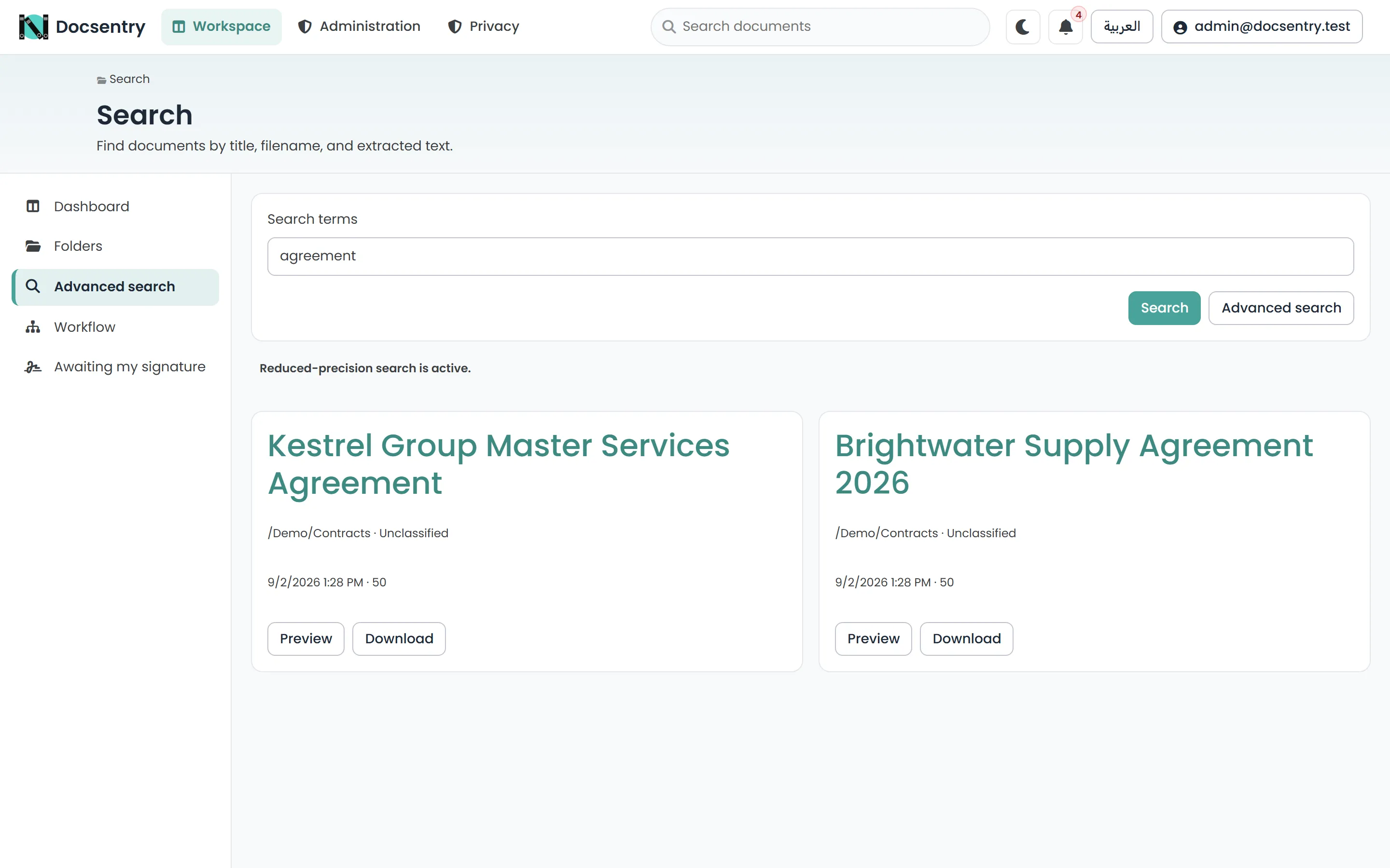 Search results listing matching documents