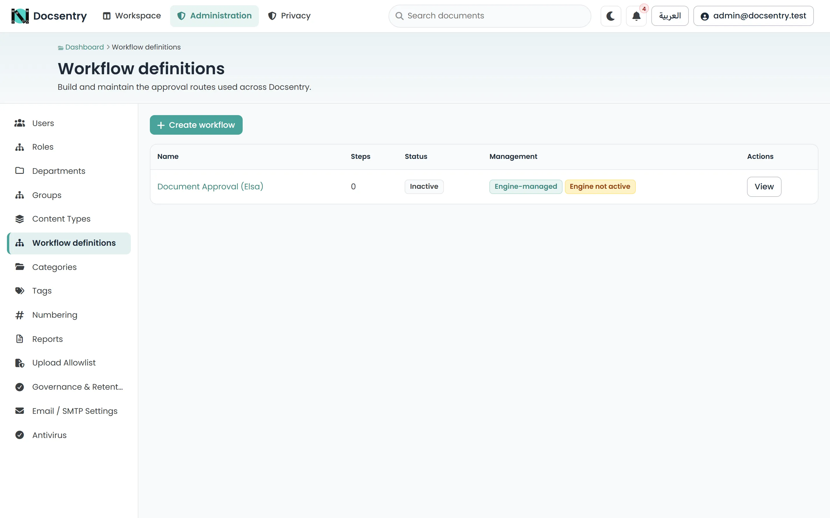 The workflow definitions administration screen